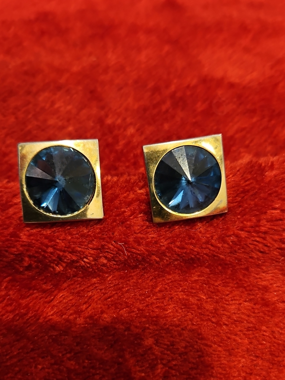 Vintage Gold Square Cufflinks with Deep Blue Crystal